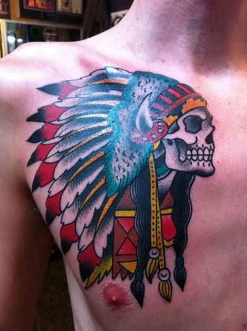Color Ink Native American Skull Tattoo on Man Chest