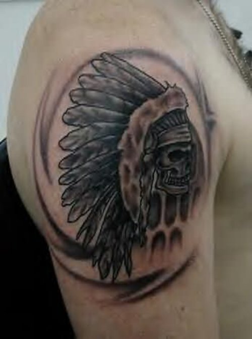 Grey Ink Native American Skull Tattoo