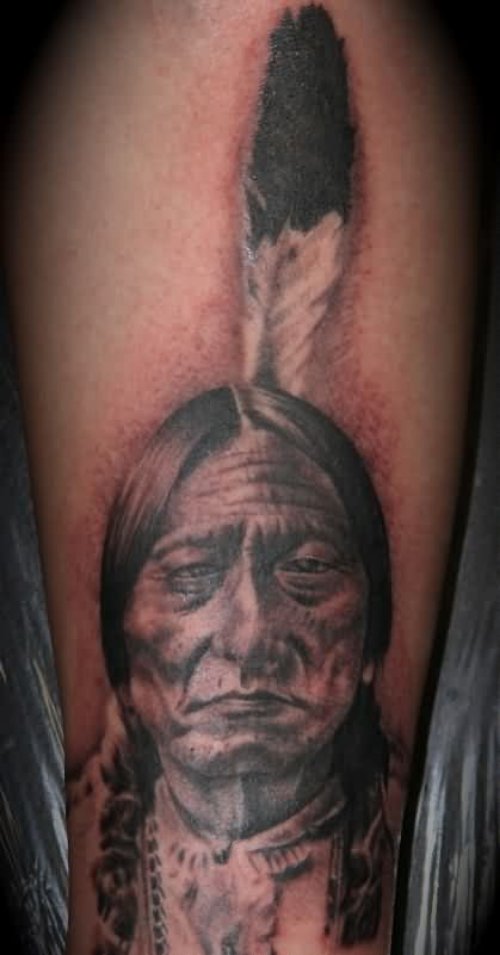 Grey Ink Native American Tattoo On Leg