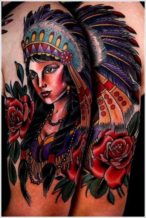 Awesome Red Rose Flowers And Native American Girl Tattoo