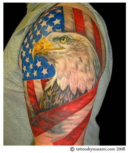 Left Half Sleeve Eagle Head And American Flag Tattoo