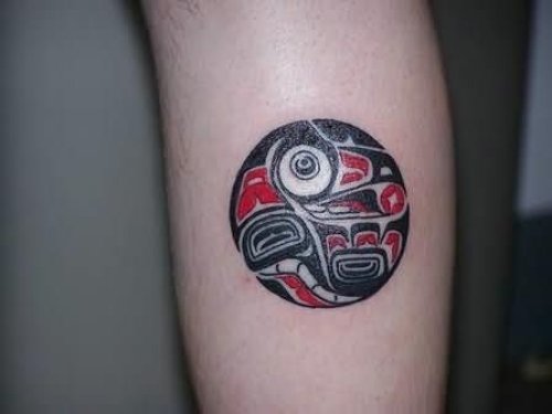 Color Ink Native American Tattoo On Back Leg