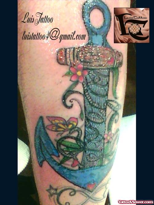 Colored Anchor Tattoo On Half Sleeve