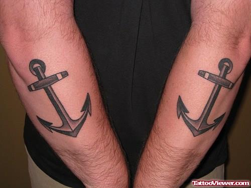 Grey Ink Anchor Tattoos On Forearms