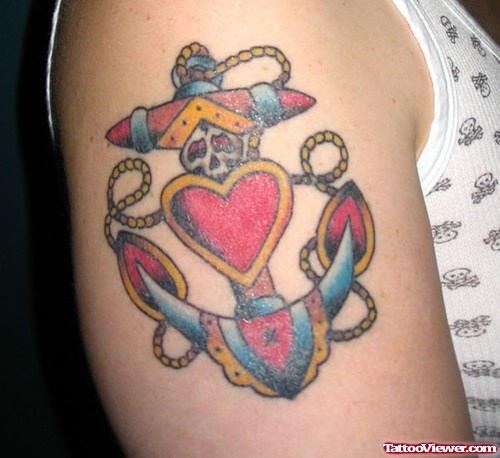 Colored Anchor And Heart Tattoo On Half Sleeve