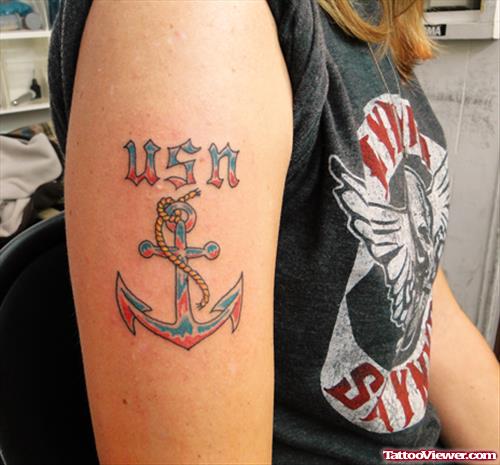 USN Anchor Tattoo On Bicep