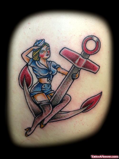 Traditional Pin Up Girl And Anchor Tattoo