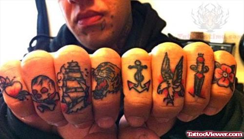 Ship, Skull And Anchor Tattoo On Fingers