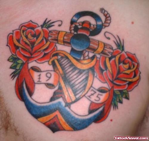Red Roses And Anchor Tattoo On Chest