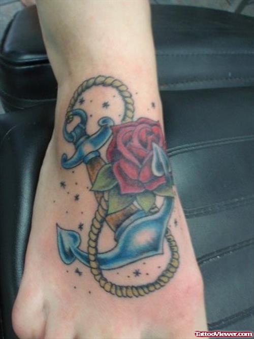 Red Rose And Anchor Tattoo On Right Foot