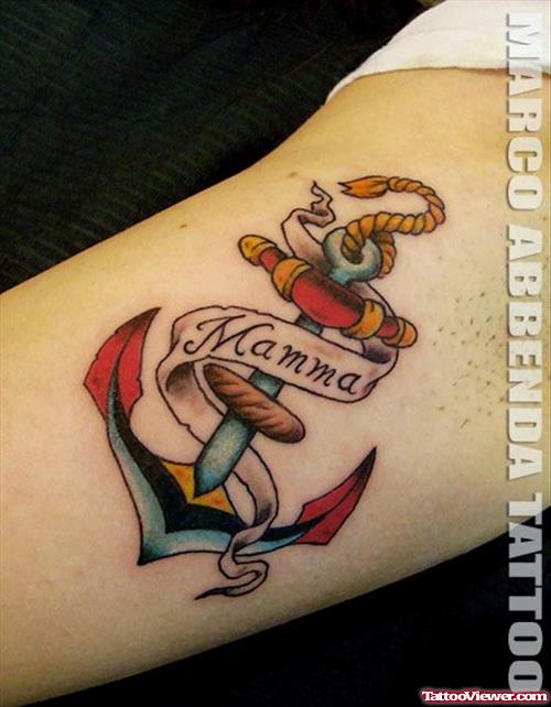 Mamma Banner And Colored Anchor Tattoo