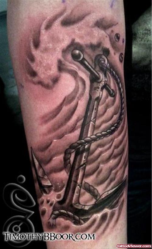Grey Ink Anchor With Rope Tattoo