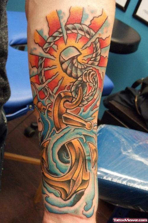 Glowing Sun And Anchor Tattoo