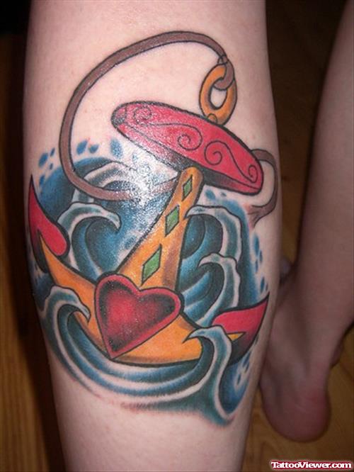 Colored Anchor Tattoo On Calf