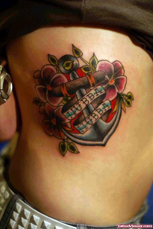 Beautiful Red Flowers and Anchor Tattoo On Side