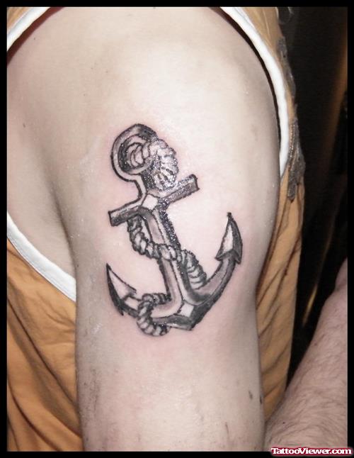 Awesome Grey Ink Anchor Tattoo On Right Half Sleeve