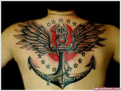 Winged Anchor Tattoo On Upperback