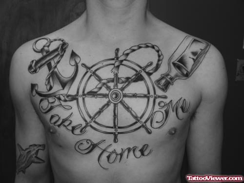 Take Home Me Wheel And Anchor Tattoo On Chest