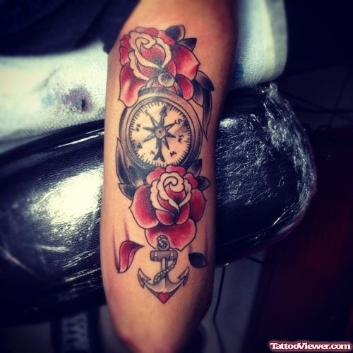 Red Roses Compass And Anchor Tattoo