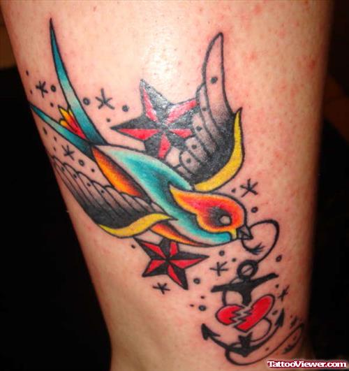 Red Nautical Stars, Flying Birds And Anchor With Heart Tattoo