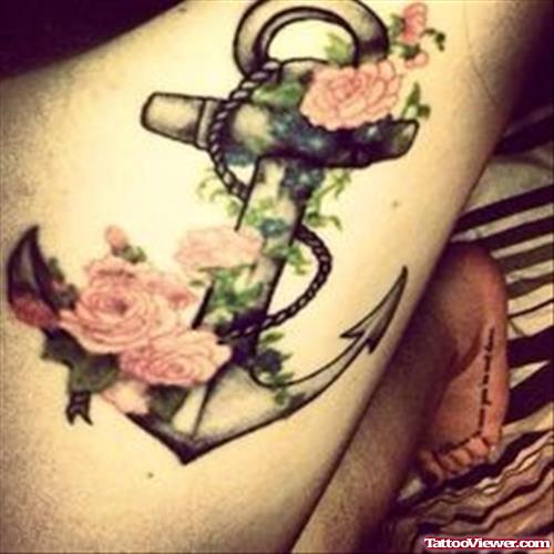 Pink Flowers And Anchor Tattoo