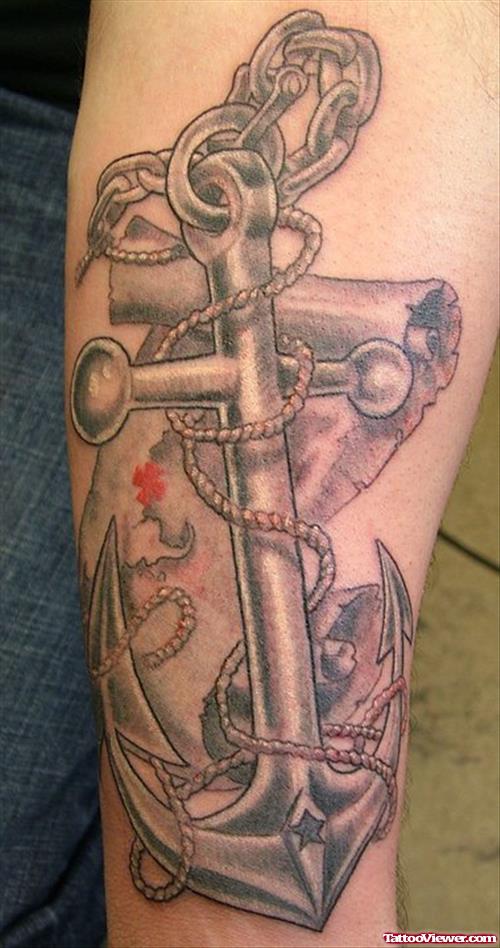 Grey Ink Scroll and Anchor Tattoo