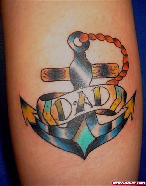 Awesome Colored Anchor Tattoo With Dad Banner