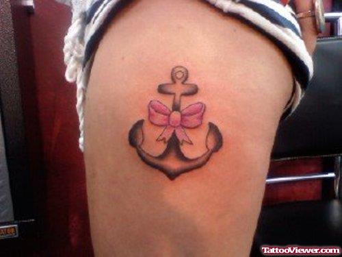 Anchor With Bow Tattoo On Left Thigh