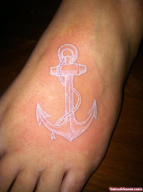 White Ink Anchor Tattoo On Foot