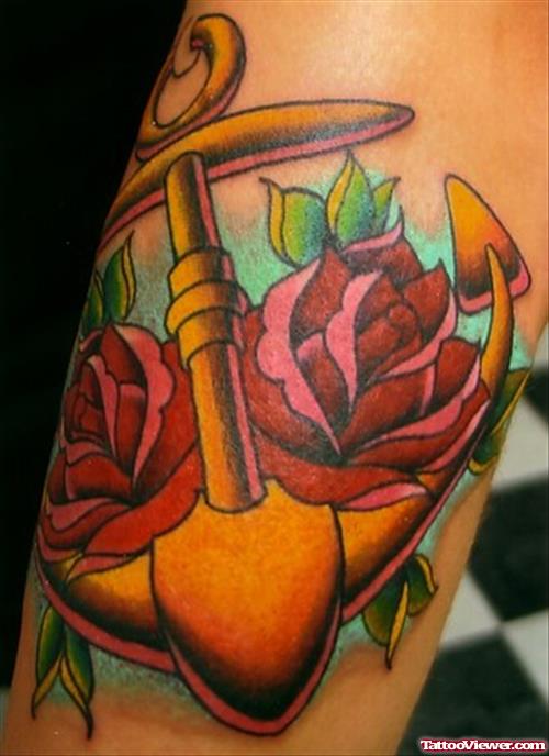 Red Rose Flowers And Anchor Tattoo