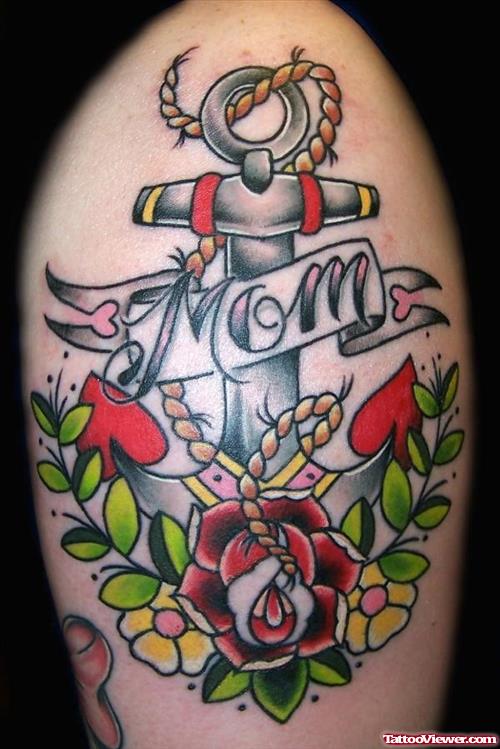 Red Rose And Mom Banner And Anchor Tattoo