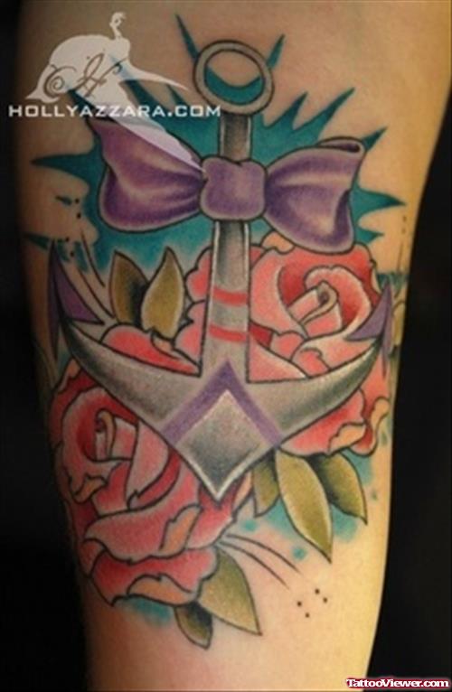 Pink Roses And Anchor With Bow Tattoo