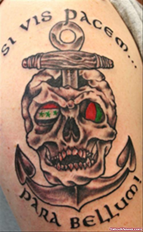 Grey Ink Skull And Anchor Tattoo