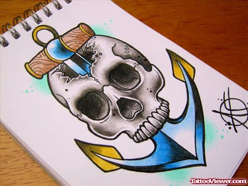 Grey Ink Skull And Anchor Tattoo Design