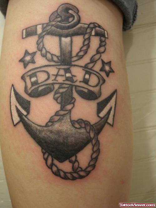 Grey Ink Anchor Tattoo With Dad Banner