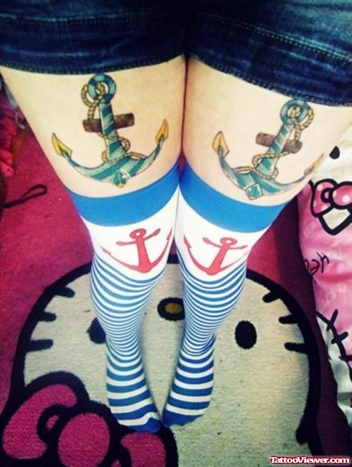 Colored Anchor Tattoos On Both Thighs