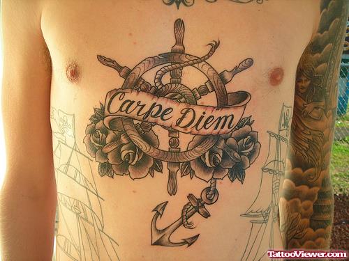 Carpe Diem Banner, Ship Wheel And Rose Flowers And Anchor Tattoo