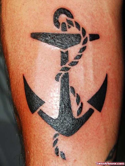 Black Anchor Tattoo With Black Rope