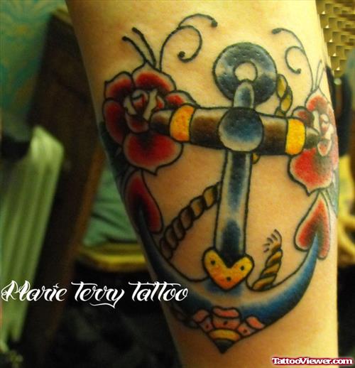 Attractive Red Flowers And Anchor Tattoo