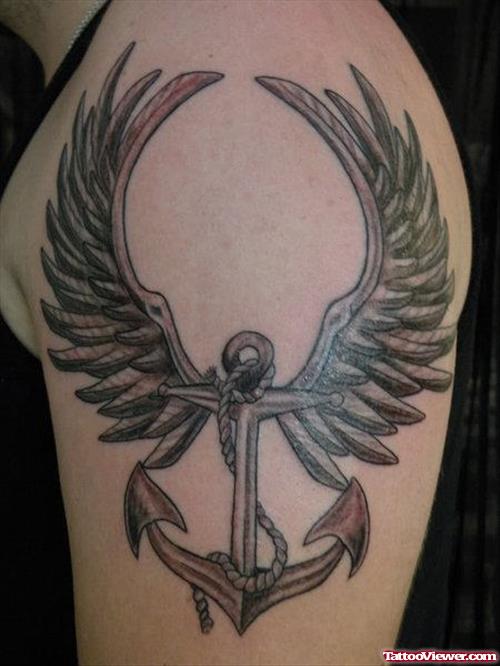 Winged Anchor Tattoo On Half Sleeve