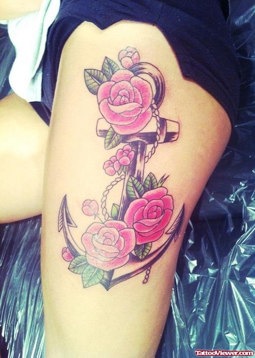 Rose Flowers And Anchor Tattoo On Thigh