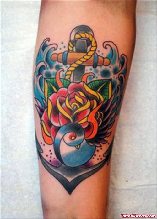 Flower Bird And Anchor Tattoo
