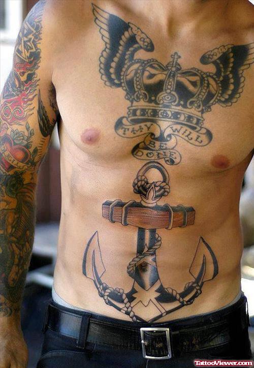 Anchor Tattoo On Man Belly