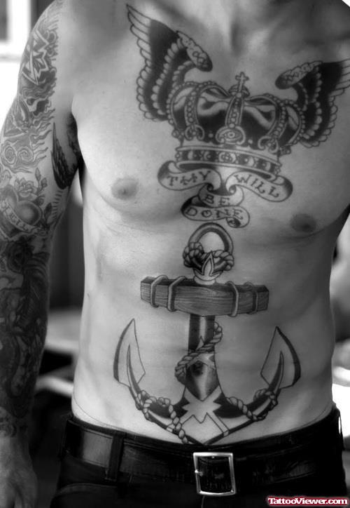 Winged Crown And Banner With Anchor Tattoo