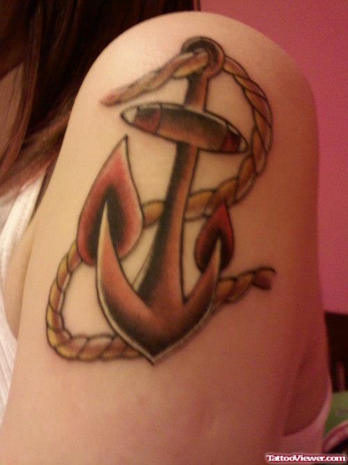 Rope And Anchor Tattoo On Left Shoulder