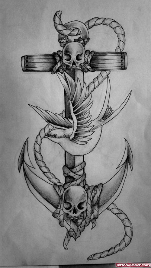 Skulls And Bird With Rope Anchor Tattoo Design