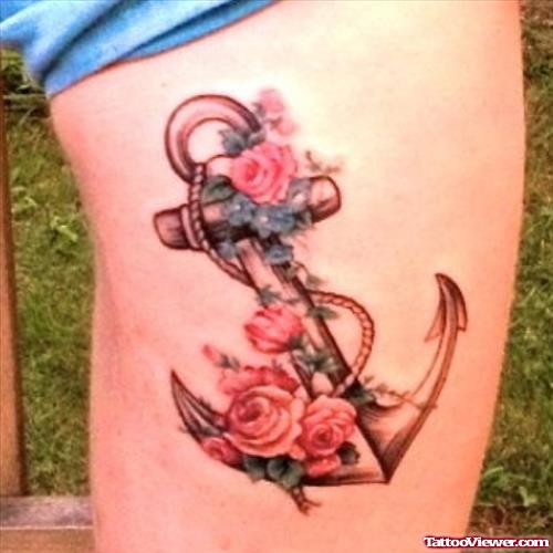 Pink Flowers Anchor Tattoo