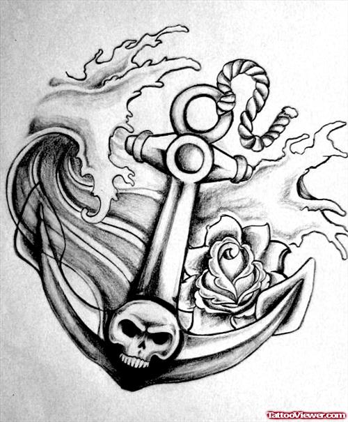 Grey Skull Anchor Tattoo Design