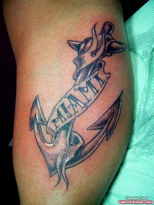 Grey Anchor Tattoo With Miami Banner Tattoo