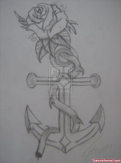 Rose Flower And Anchor Tattoo Design